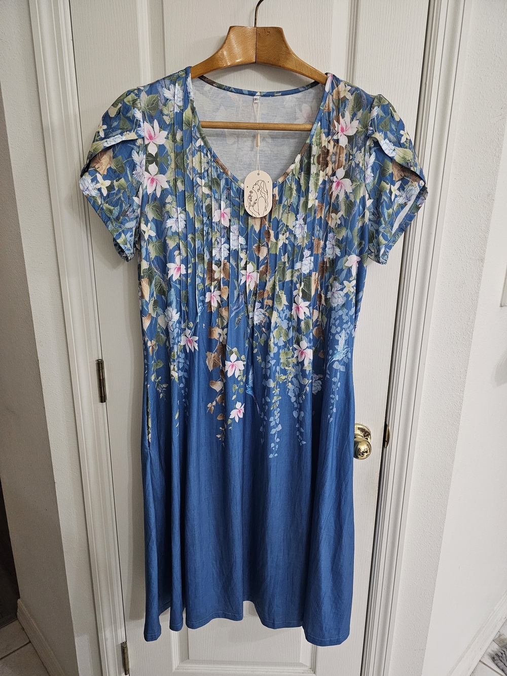 Blue Floral Pleated Midi Dress
